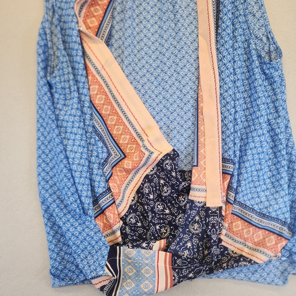 Liz Claiborne Blue Mixed Print Sleeveless Wrap Blouse Boho V-Neck Top Large L - Picture 8 of 14